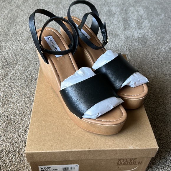 BNIB Steve Madden Welsh Leather Wedge Platform Sandals 9.5 Black - Picture 7 of 10